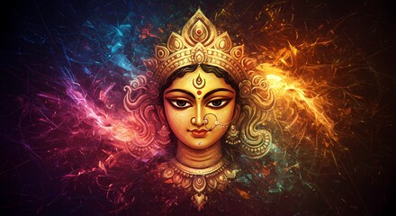Goddess Durga in Cosmic Embrace: An artistic depiction of the Hindu Goddess Durga, with radiant eyes and a divine crown, bathed in a vibrant cosmic swirl of blue, red, and gold hues.