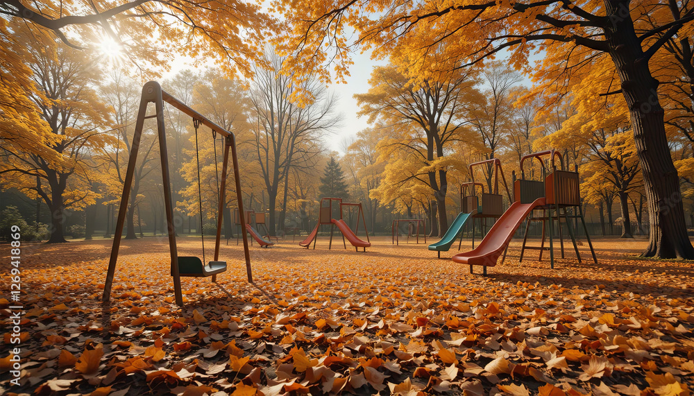Poster swing sets and slides stand in a playground covered in vibrant fallen leaves, illuminated by soft su