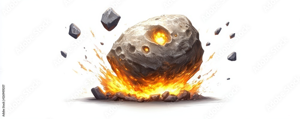 Poster a large gray rock explodes on impact, creating a fiery orange and yellow explosion with debris scatt