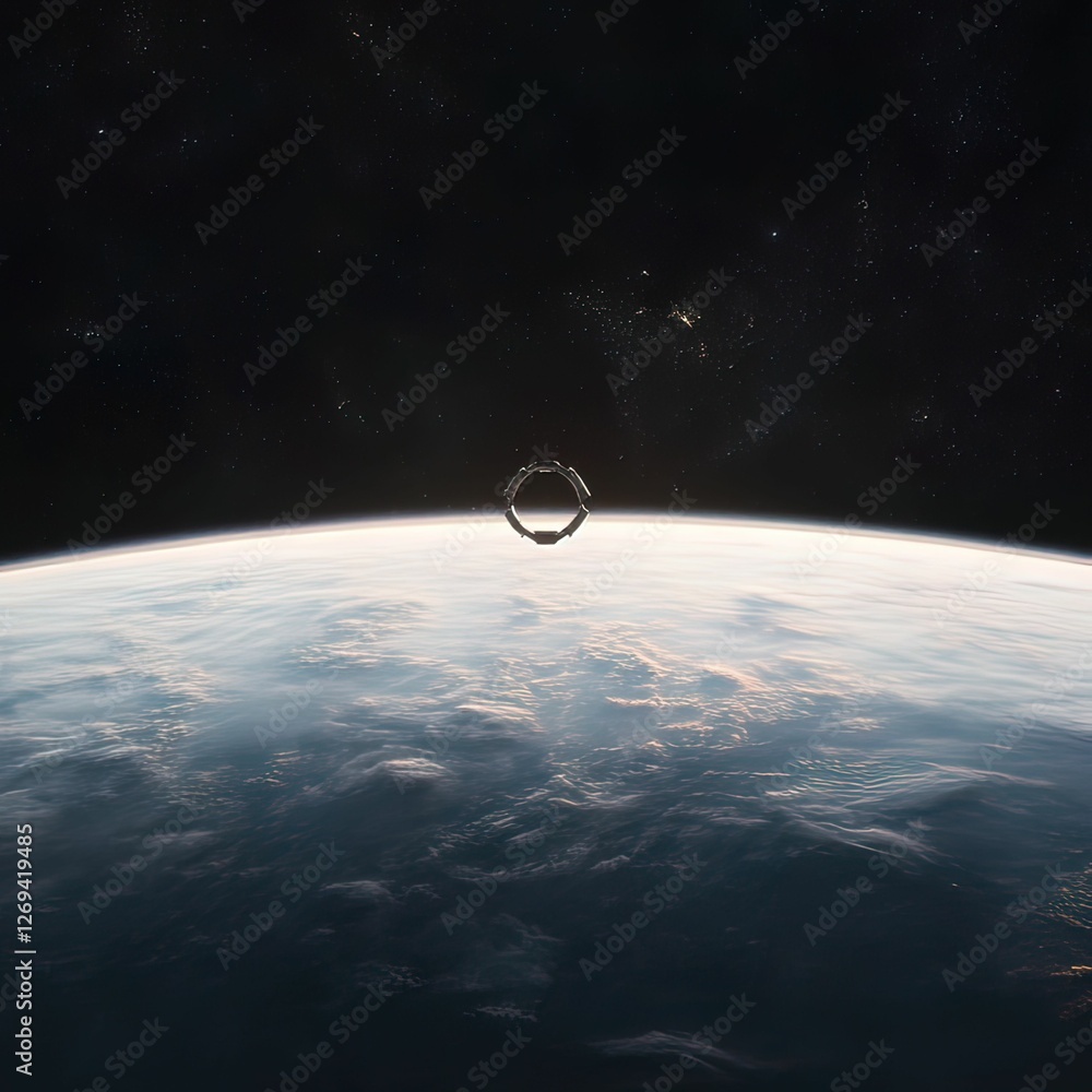 Poster a stunning view of earth from space, featuring a circular object hovering above the horizon against 