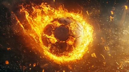 Soccer ball engulfed in flames during an intense match on a vibrant field