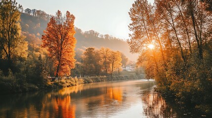 Fototapeta premium Autumn Sunrise River Scene with Colorful Trees