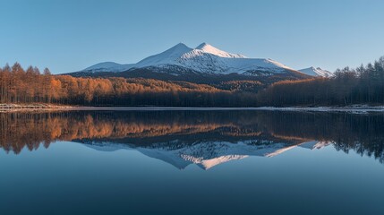 In the early morning, snow-covered mountains and forests reflect in the lake water.