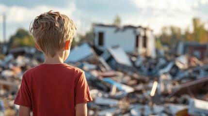Child observes destruction in a devastated area following a natural disaster during golden hour light