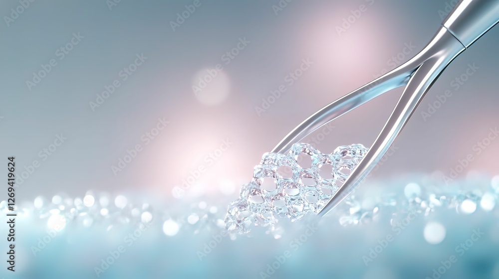Poster a close-up image showing a fork-like utensil delicately picking up sparkling droplets on a surface, 
