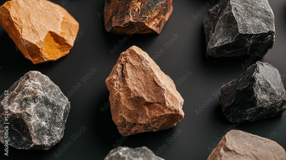 Poster a collection of various rough stones showcasing different colors and textures on a dark surface.