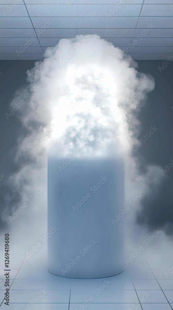 Poster a cylindrical object emits a dense cloud of vapor, creating a mysterious atmosphere in a modern, min