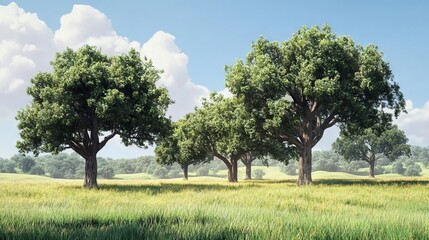 Obraz premium Lush green trees stand tall in a sunny meadow under a clear blue sky with fluffy white clouds