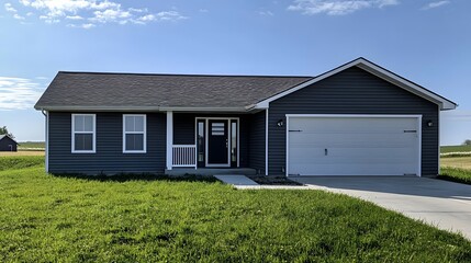 Obraz premium Photo of a modern gray house with white trim and a front yard, in the spring time in a covered porch and garage door with green grass and a blue sky background