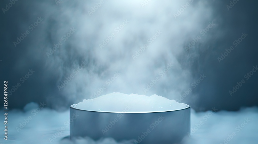 Poster a mysterious circular pedestal surrounded by mist, illuminated from above, creating an ethereal atmo