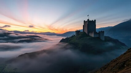 Misty dawn breaks over the rolling hills and Eilean Donan Castle, serenity, Scotland