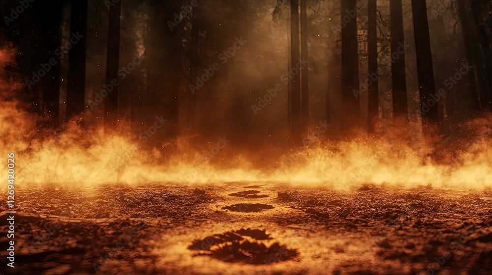 Poster a fiery path through a dark forest, with flames illuminating the ground, creating an intense and dra