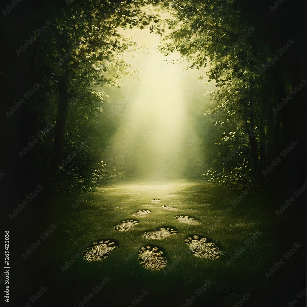 Poster a serene forest scene with sunlight filtering through trees, illuminating a path marked by animal fo