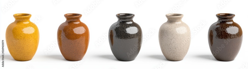 Poster five small ceramic vases in varying colors and speckled patterns are arranged in a row against a pla