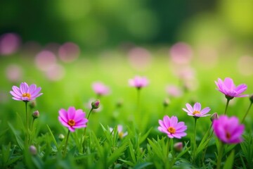 Fototapeta premium Small pink to purple flowers in a lush green meadow, garden, green, meadow