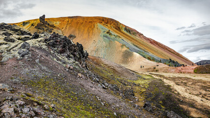 Landmannalaugar, Iceland. Panoramic over most colorful Brennisteinsalda Mount volcano and hikers....