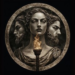 Three Faced Deity With Torch Intricate Design In Dark Round Frame Antique Style Religious Artwork