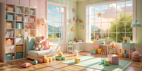 A cheerful children's room features colorful storage, a soft bear on a chair, and playful blocks scattered across a warm wooden floor. Large windows reveal stunning mountain views