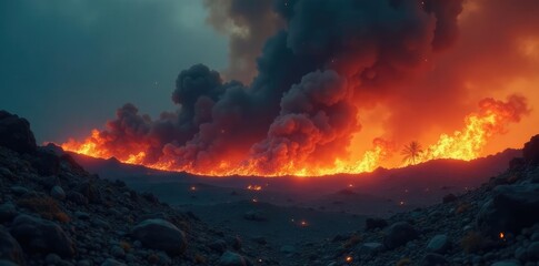 Fototapeta premium Smoldering landscape with flames rising from the ground, apocalyptic smoke fire, ash