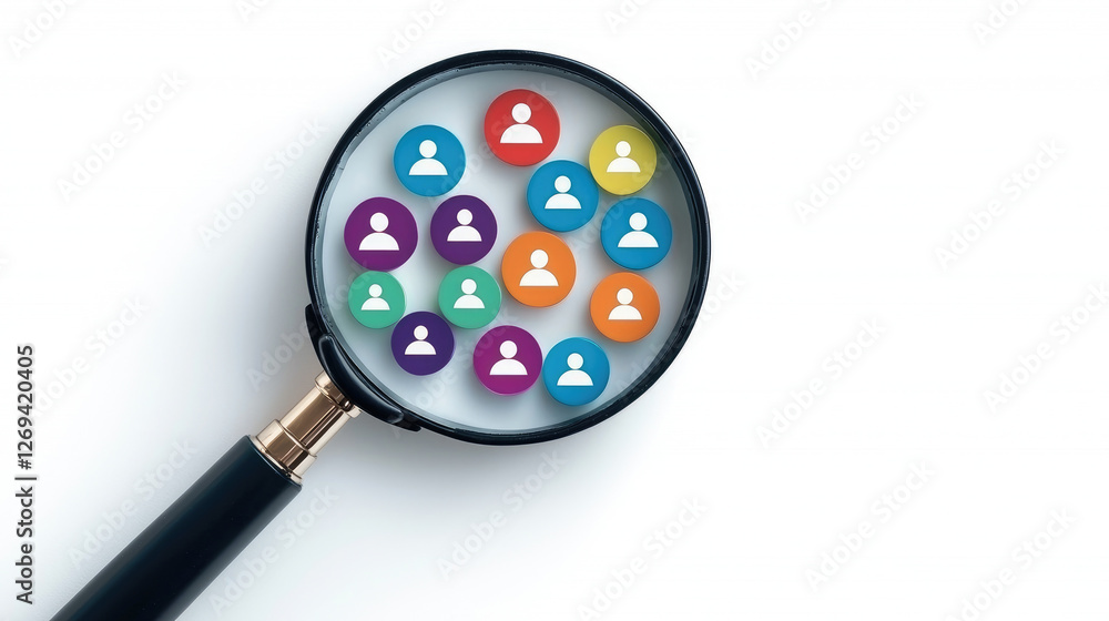 Poster human resources magnifying glass focusing on colorful user icons, symbolizing recruitment and select
