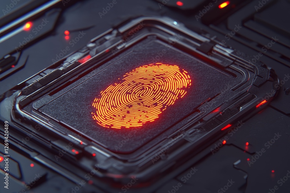 Poster futuristic touch interface with red fingerprint on dark background