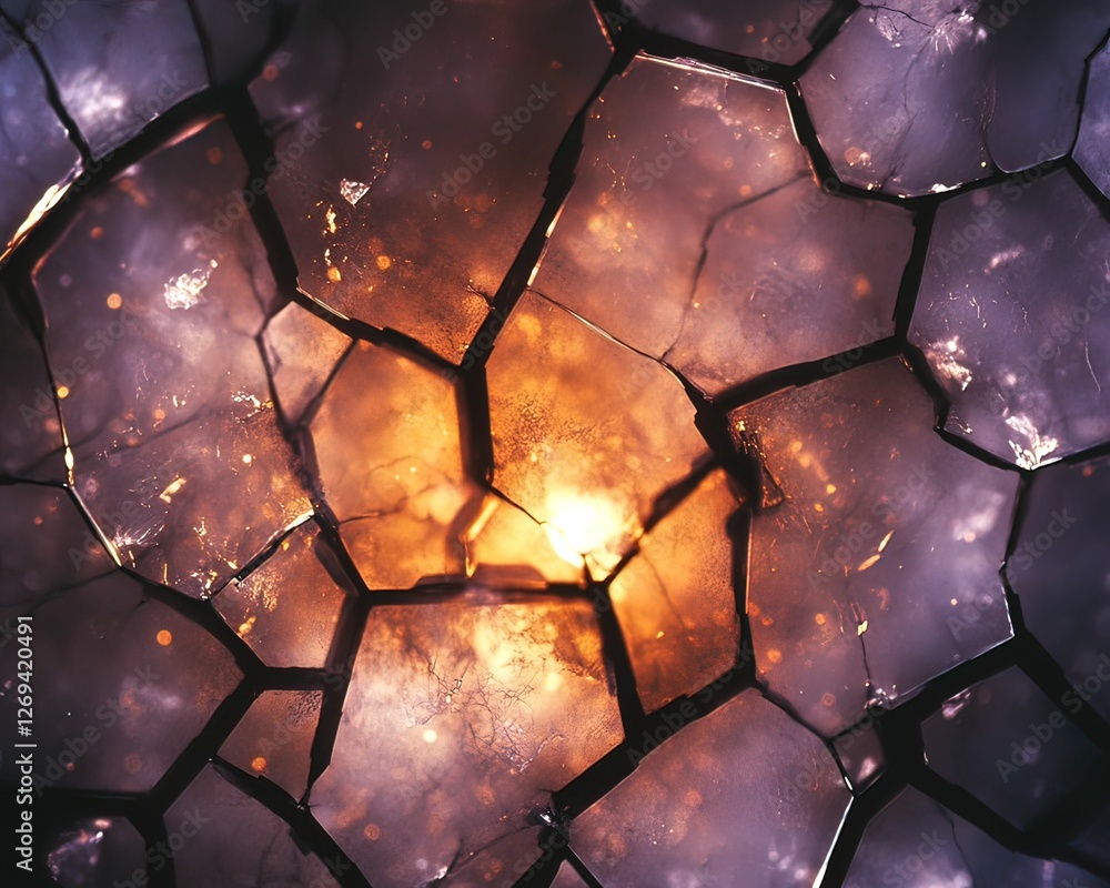 Poster an abstract close-up of cracked surfaces, revealing a warm glow emanating from the center, creating 