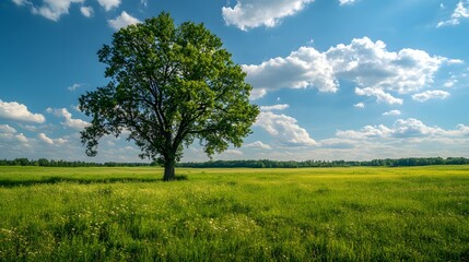 Obraz premium Beautiful green meadow with a tree and blue sky background. Beautiful summer landscape with clouds
