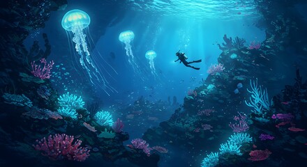 Exploring Underwater World with Jellyfish and Scuba Diver in Coral Reef