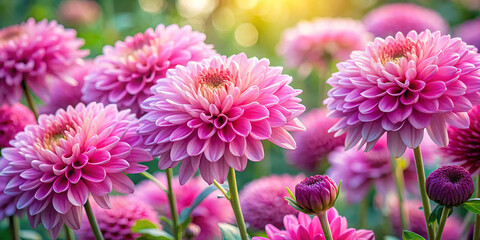 Fototapeta premium Bright pink dahlias are in full bloom, showcasing their intricate petals in a garden. The warm light of golden hour enhances the colors, creating a serene atmosphere