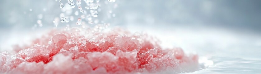 A close-up of pink salt crystals dissolving in water, creating a misty effect, highlighting texture and color contrast in a serene environment.