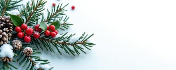 Snow-covered fir branch with holly and pinecones on a white border, winter border, frosted leaves