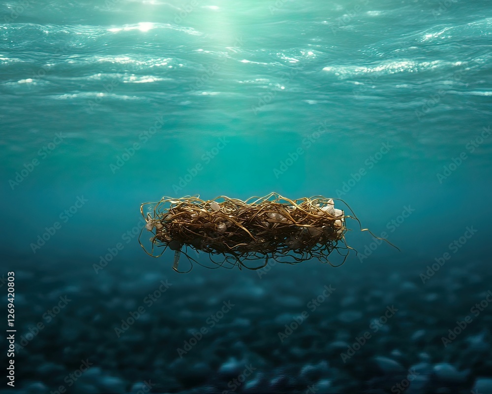 Poster an underwater scene featuring a floating mass of organic material illuminated by sunlight filtering 