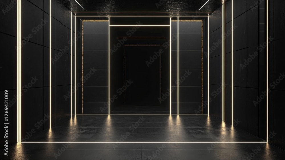 Poster A captivating space adorned with sleek black walls and striking lines of soft light creates a unique and immersive experience. The ambiance invites exploration and reflection