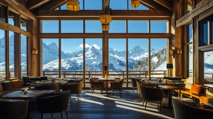 Fototapeta premium Restaurant interior with stunning snow mountain view.