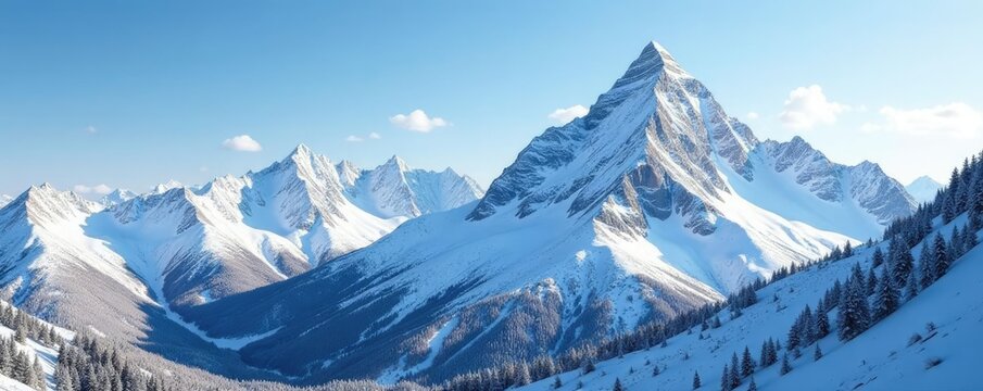 Snow-covered mountain range with peak reaching towards sky, winter mountains utah wasatch peaks, alpine landscape Utah Wasatch