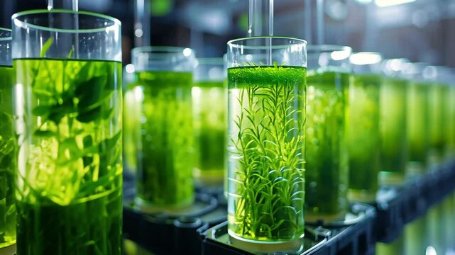 Row of Glass Containers Filled with Vibrant Green Plants Immersed Liquid for Scientific Research and Biotechnology Experiment Laboratory Setting, Showcasing Controlled Environment for Plant Growth