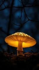 Glow-in-the-dark mushroom lamp under the branches, nocturnal, fungi, mushroom