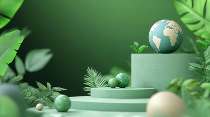 Green world globe on stylized platform surrounded by lush foliage and decorative elements in serene setting
