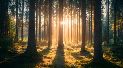 Fototapeta premium A panoramic view of an autumn forest with tall trees and vibrant leaves, showcasing the beauty of nature in its changing seasons