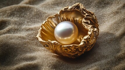 Exquisite pearl nestled in an ornate golden shell on sandy beach shore in bright sunlight