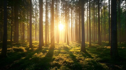 Fototapeta premium A panoramic view of an autumn forest with tall trees and vibrant leaves, showcasing the beauty of nature in its changing seasons