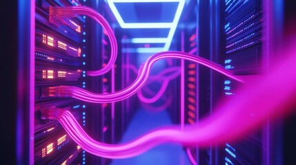 Colorful cables connect servers in a high-tech data center with illuminated corridors