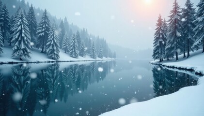 Fototapeta premium Snowflakes gently fall on a frozen lake and surrounding trees, peaceful, icy, nature