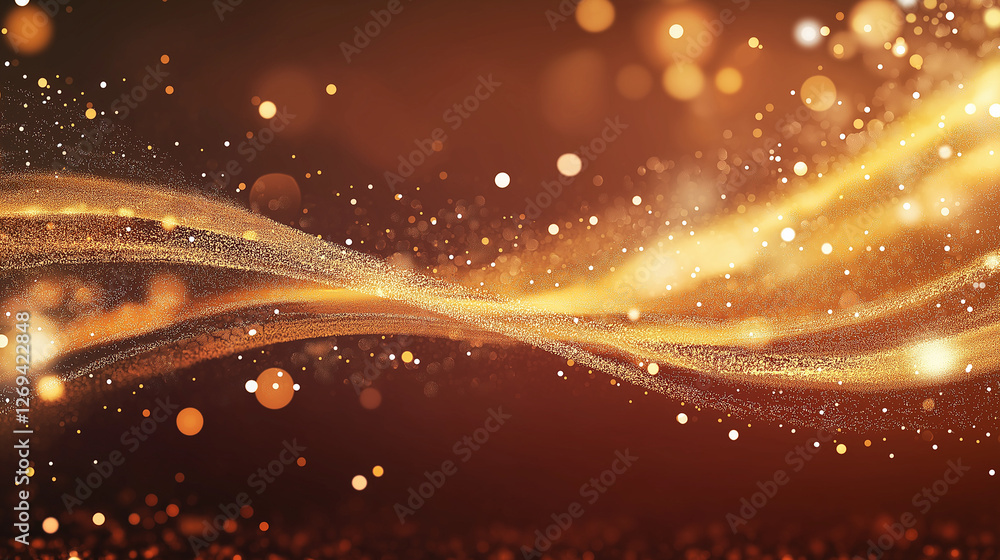 Poster golden light trails: abstract image of flowing golden light trails with sparkling particles, creatin