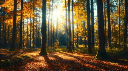Obraz premium A panoramic view of an autumn forest with tall trees and vibrant leaves, showcasing the beauty of nature in its changing seasons
