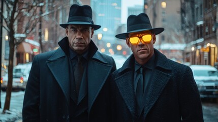 Mysterious Men in Black Coats and Hats with Yellow Glowing Glasses