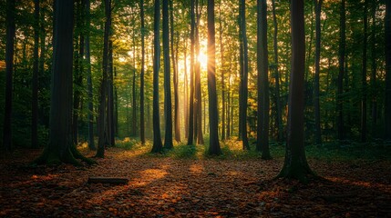 Obraz premium A panoramic view of an autumn forest with tall trees and vibrant leaves, showcasing the beauty of nature in its changing seasons