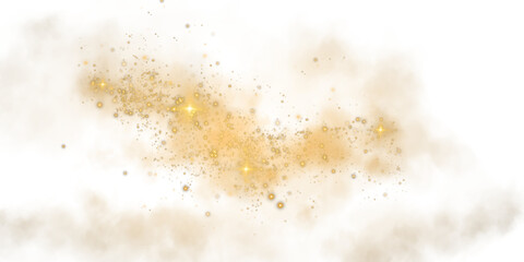 Fantastic golden smoke background. Magic golden smoke with glitter and small particles of twinkling stars. Fog with luminous particles. Yellow vapor with stardust. Morning fog over land or water. PNG
