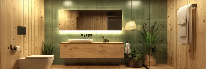 Modern Wooden Bathroom With Green Tiles And Plants