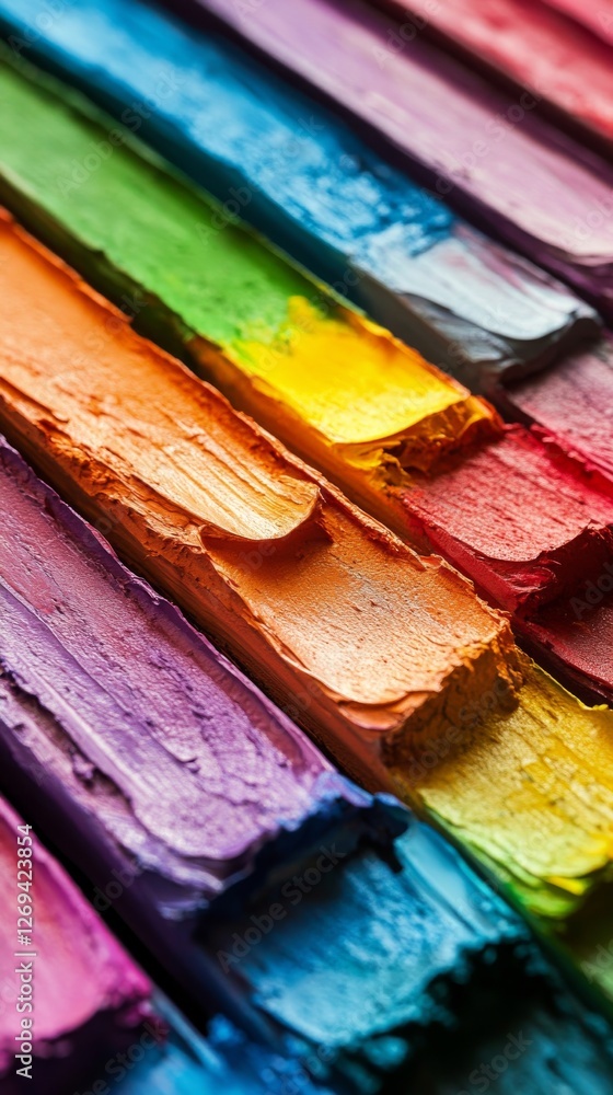 Poster vibrant paint strokes showcasing a spectrum of colors on a canvas in an artistic workspace